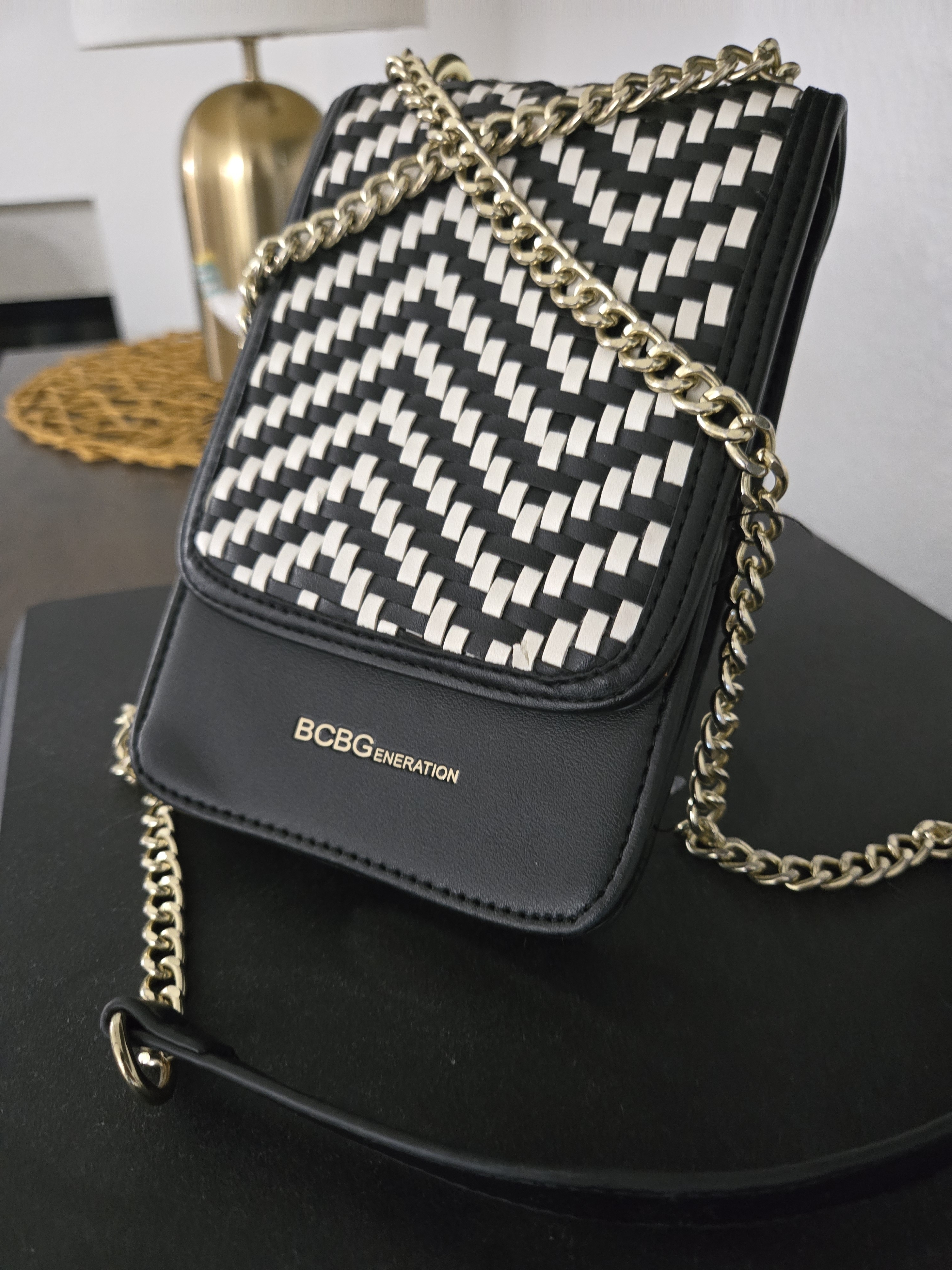 Bcbgeneration Black & White Woven Chain-Detail Crossbody